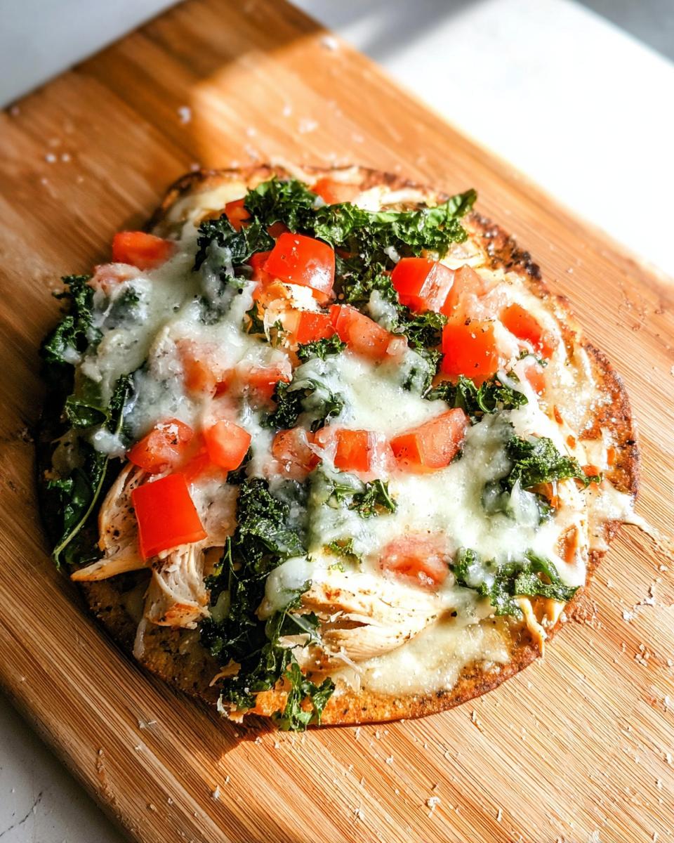 A close-up of a Quick Chicken Flatbread Dinner topped with melted cheese, shredded chicken, kale, and diced tomatoes.