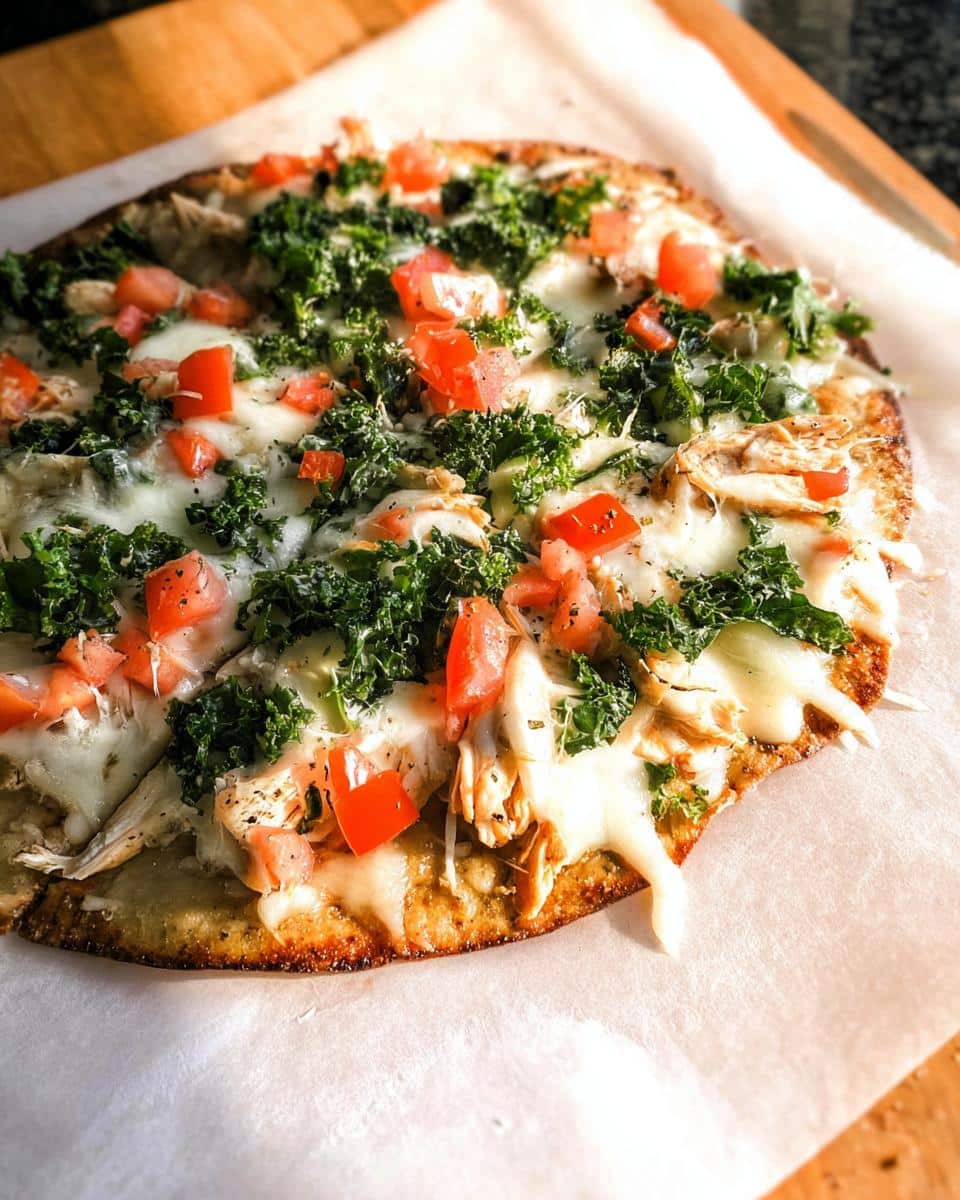 Close-up of a Quick Chicken Flatbread Dinner topped with melted cheese, shredded chicken, diced tomatoes, and kale.