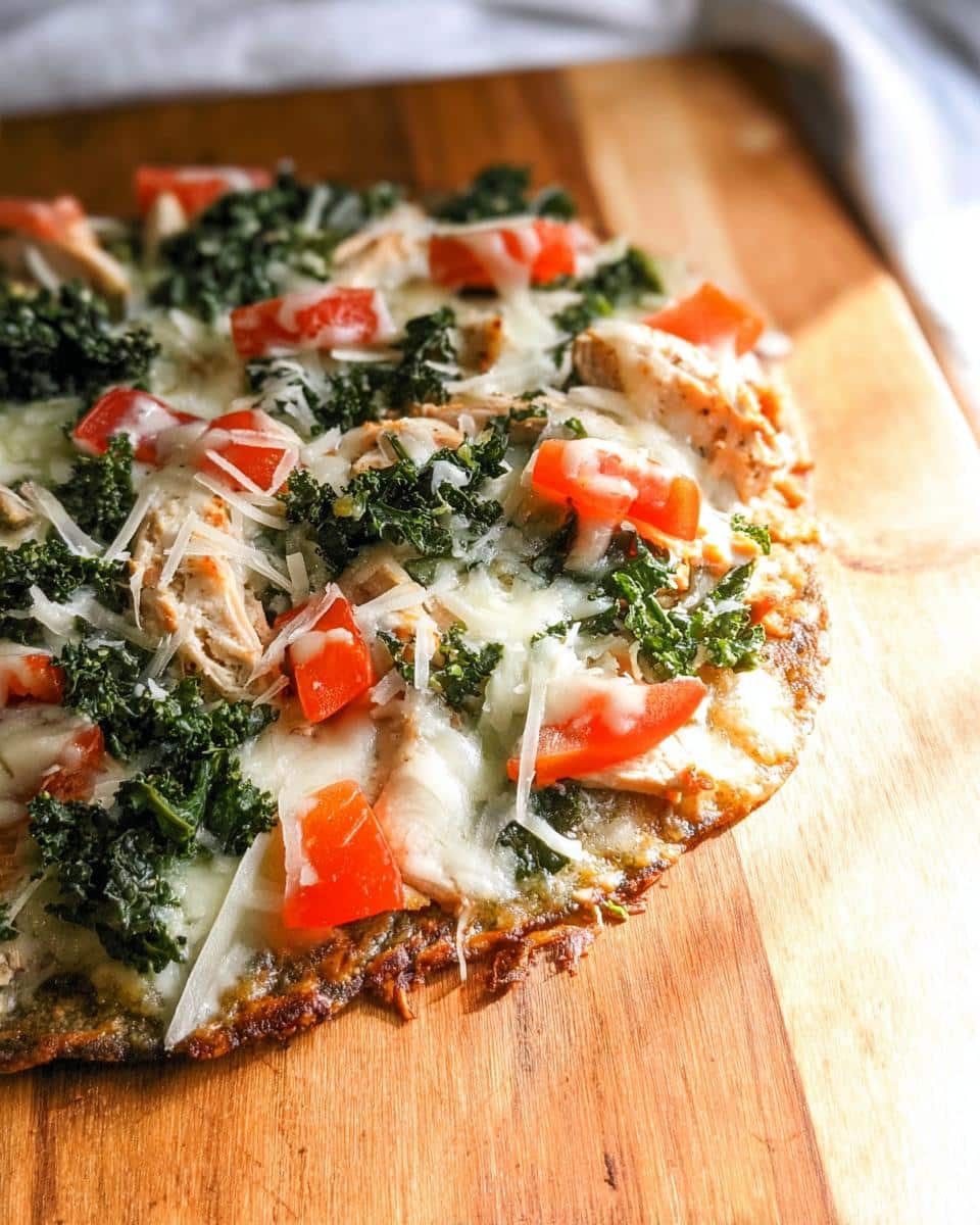 Close-up of a Quick Chicken Flatbread Dinner topped with melted cheese, kale, and diced tomatoes.