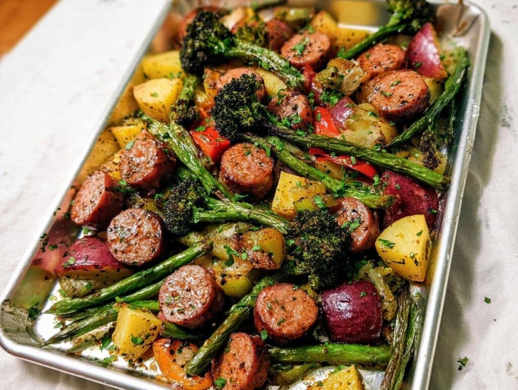 Close-up of a Quick Sausage & Veggie Sheet Pan Dinner featuring sliced sausage, potatoes, asparagus, and broccoli.