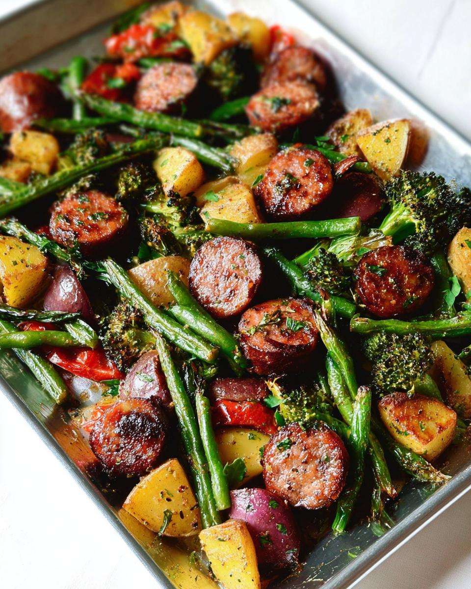 Close-up of a Quick Sausage & Veggie Sheet Pan Dinner with browned sausage, potatoes, broccoli, and asparagus.