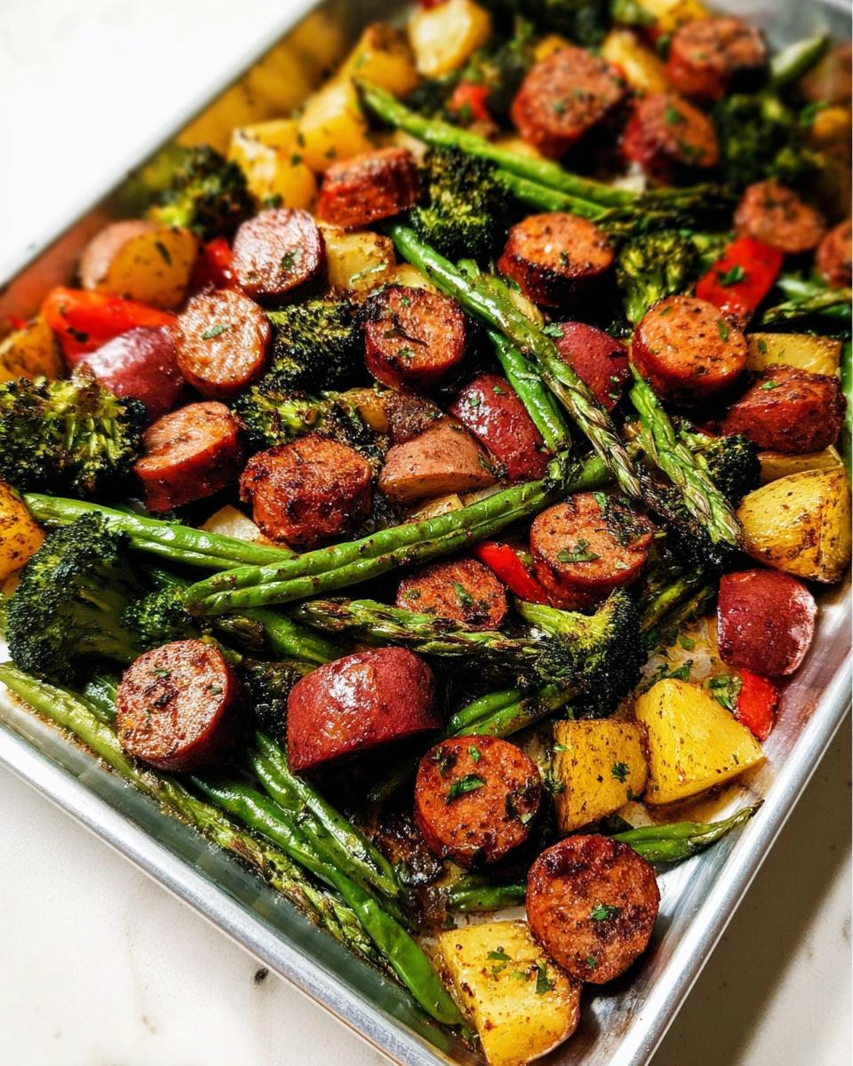 Close-up of a Quick Sausage & Veggie Sheet Pan Dinner featuring sliced sausage, potatoes, broccoli, and asparagus.