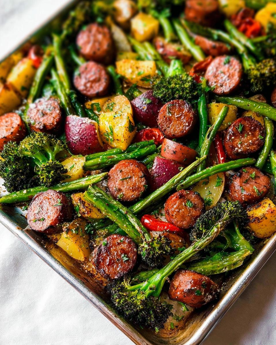 Roasted sausage slices, potatoes, broccoli, and green beans seasoned on a sheet pan for a Quick Sausage & Veggie Sheet Pan Dinner.