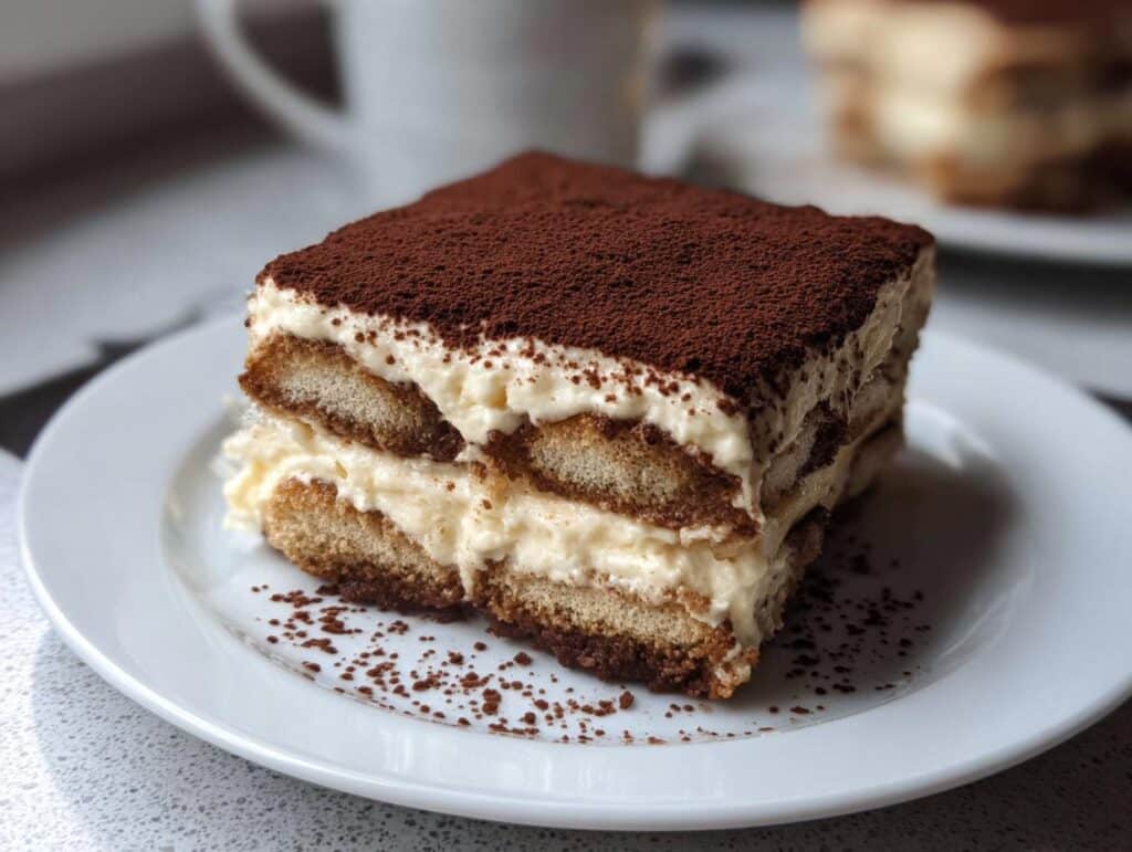 A perfect square slice of Quick Thermomix Tiramisu layered with cream and ladyfingers, dusted heavily with cocoa powder.