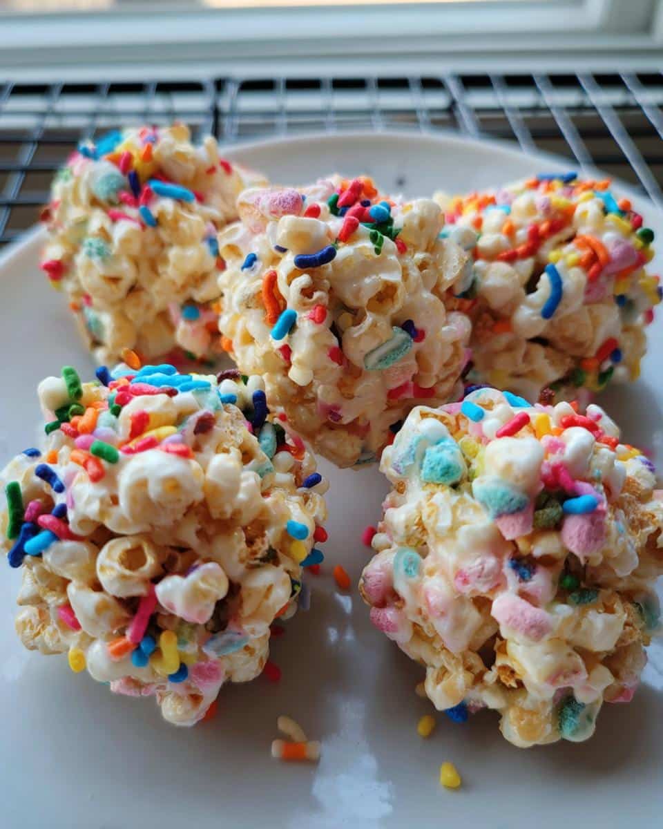 Four colorful Rainbow Marshmallow Popcorn Balls coated in marshmallow and topped with bright sprinkles, resting on a white plate.