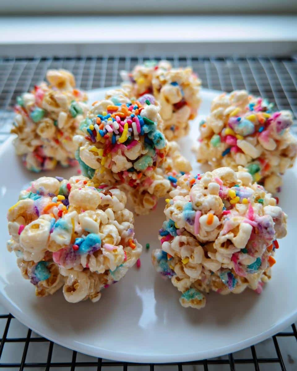 Five colorful Rainbow Marshmallow Popcorn Balls covered in sprinkles sitting on a white plate.