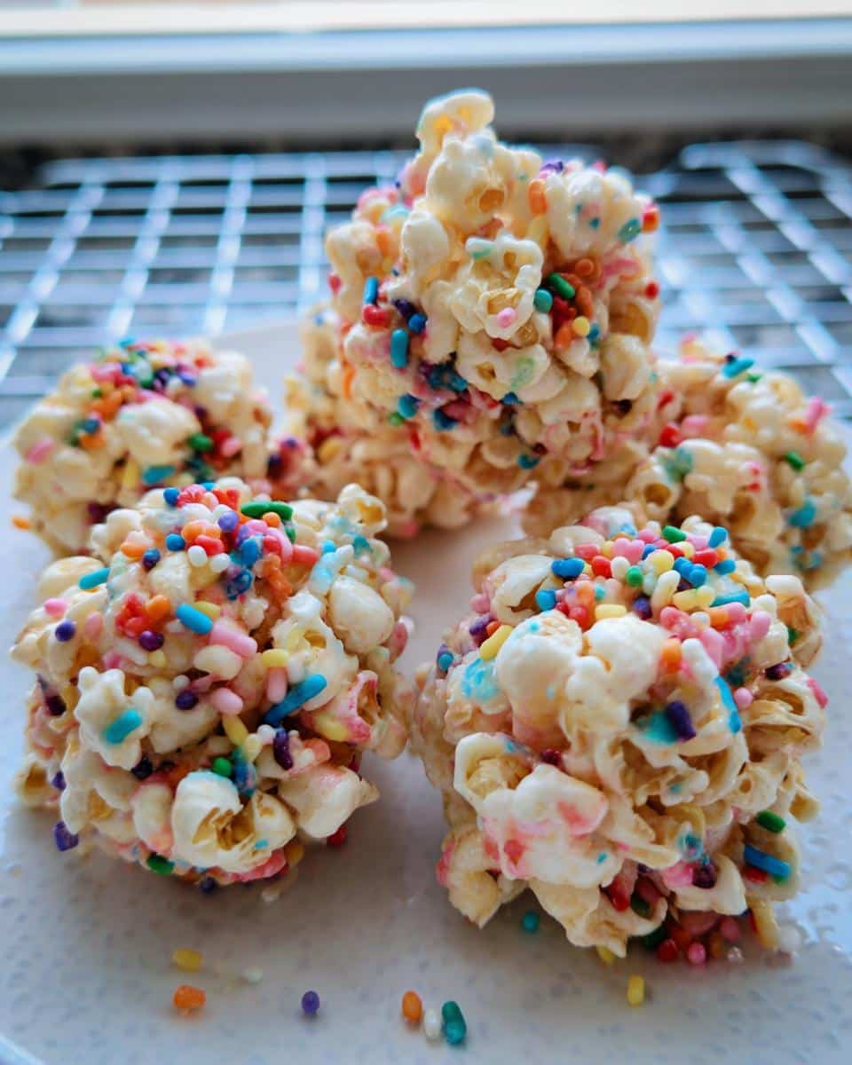 A close-up of several sticky Rainbow Marshmallow Popcorn Balls covered in bright, multicolored sprinkles resting on a white plate.