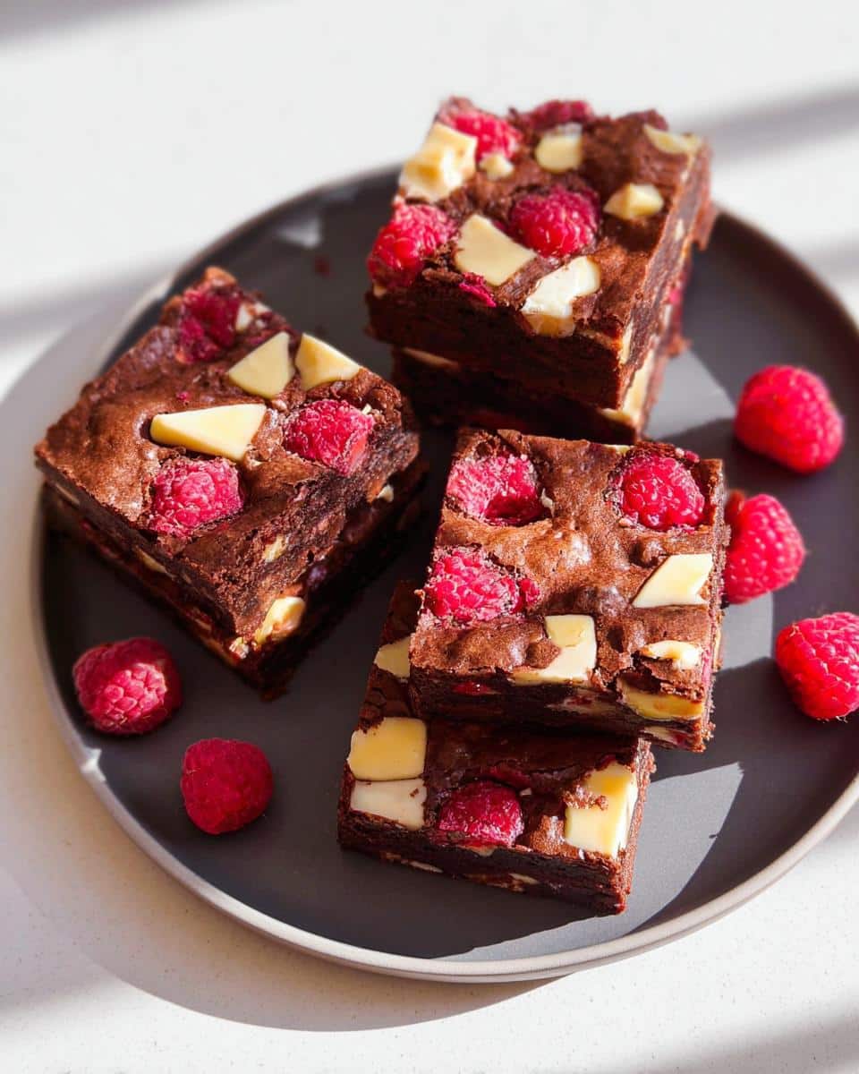 Four fudgy Raspberry White Chocolate Brownies topped with fresh raspberries and white chocolate chunks on a dark grey plate.