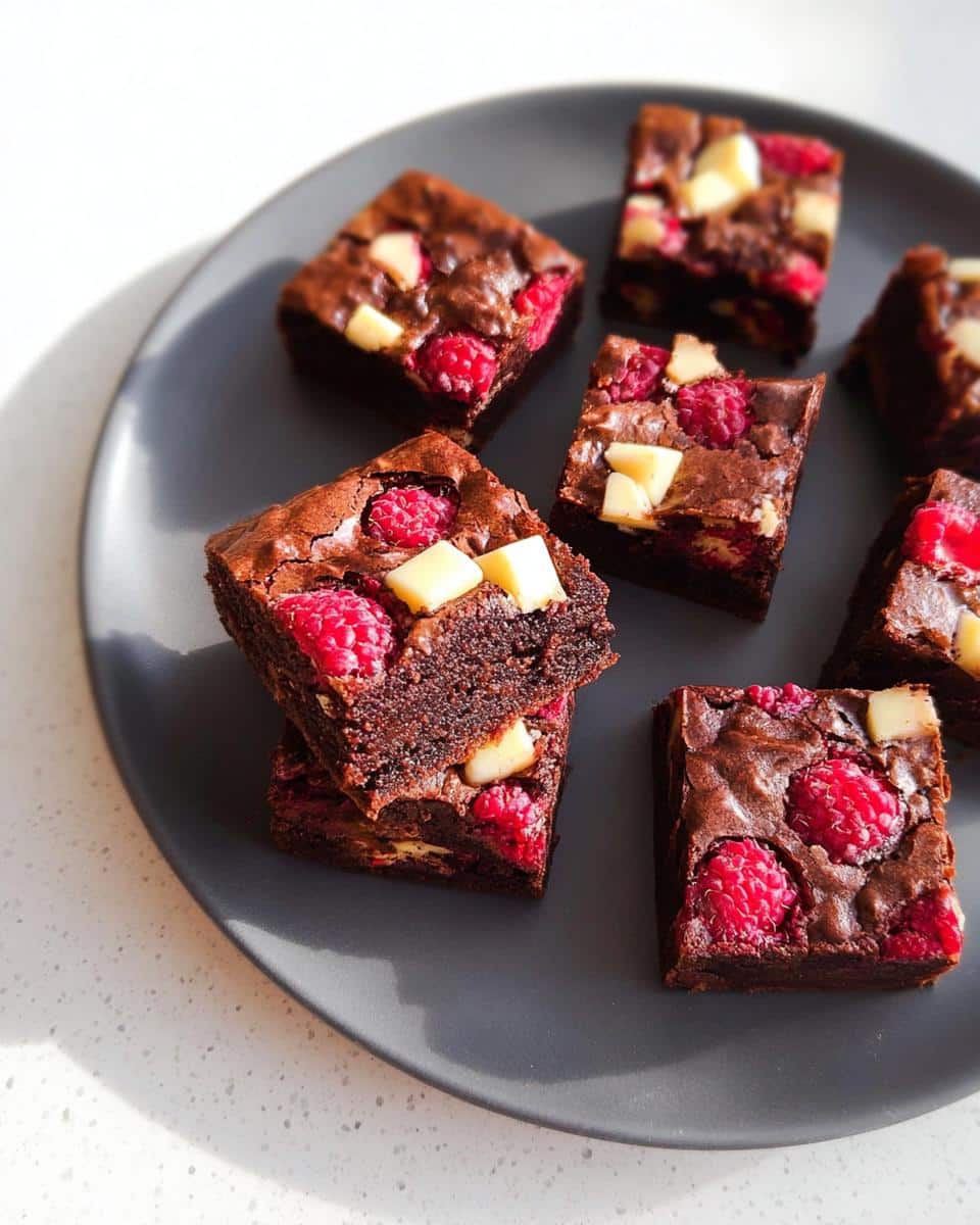 Close-up of fudgy Raspberry White Chocolate Brownies topped with fresh raspberries and white chocolate chunks on a grey plate.