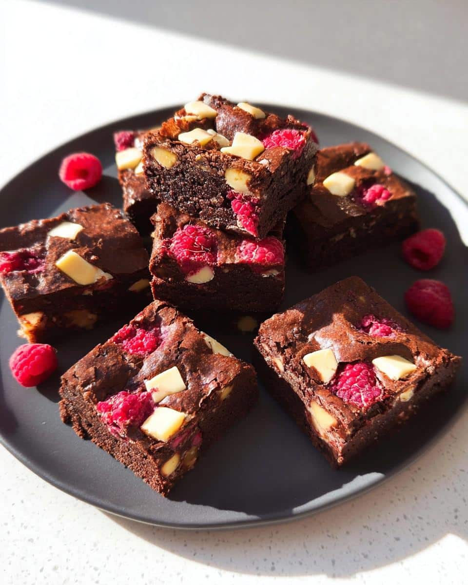 A stack and arrangement of fudgy Raspberry White Chocolate Brownies topped with white chocolate chunks and fresh raspberries.