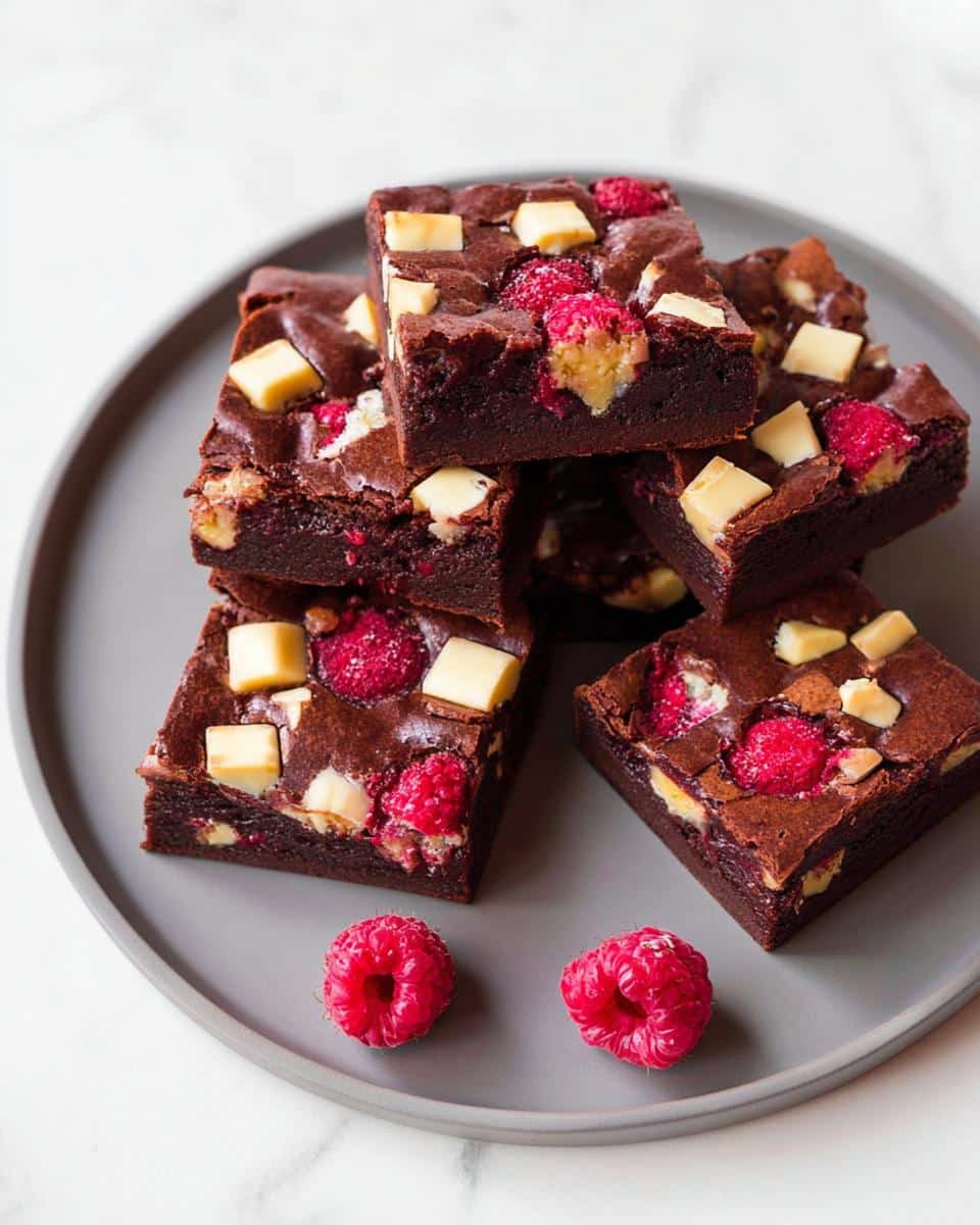 A stack of fudgy Raspberry White Chocolate Brownies topped with white chocolate chunks and fresh raspberries.