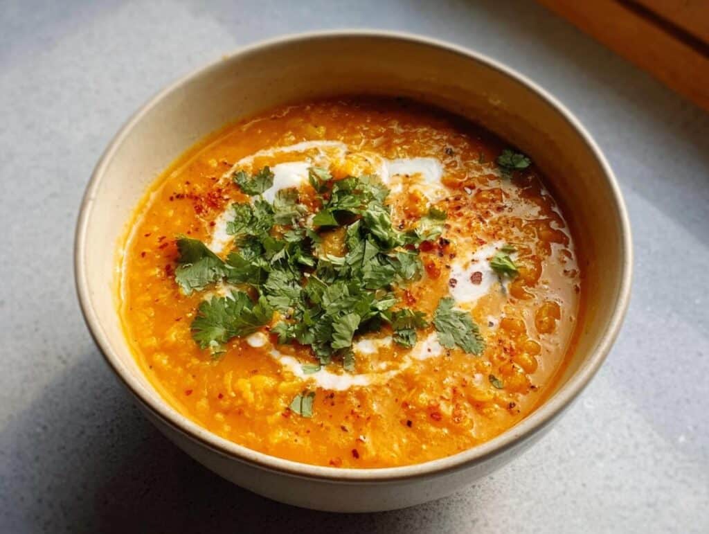 A close-up of a bowl of vibrant orange Red Lentil Coconut Curry Soup, topped with coconut cream swirl, fresh cilantro, and chili flakes.