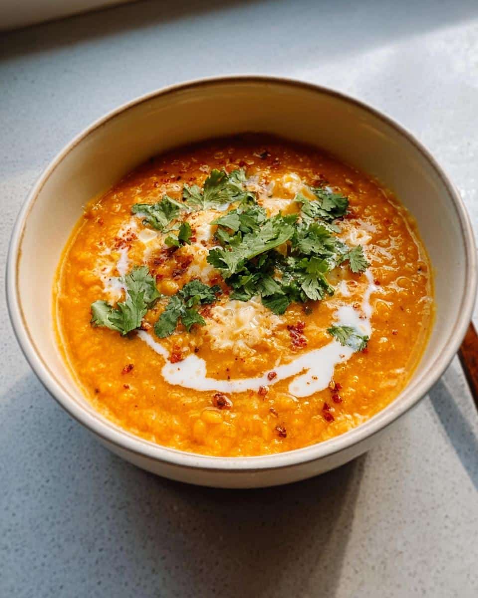 A close-up of a bowl of thick, orange Red Lentil Coconut Curry Soup, garnished with cilantro and a swirl of coconut cream.