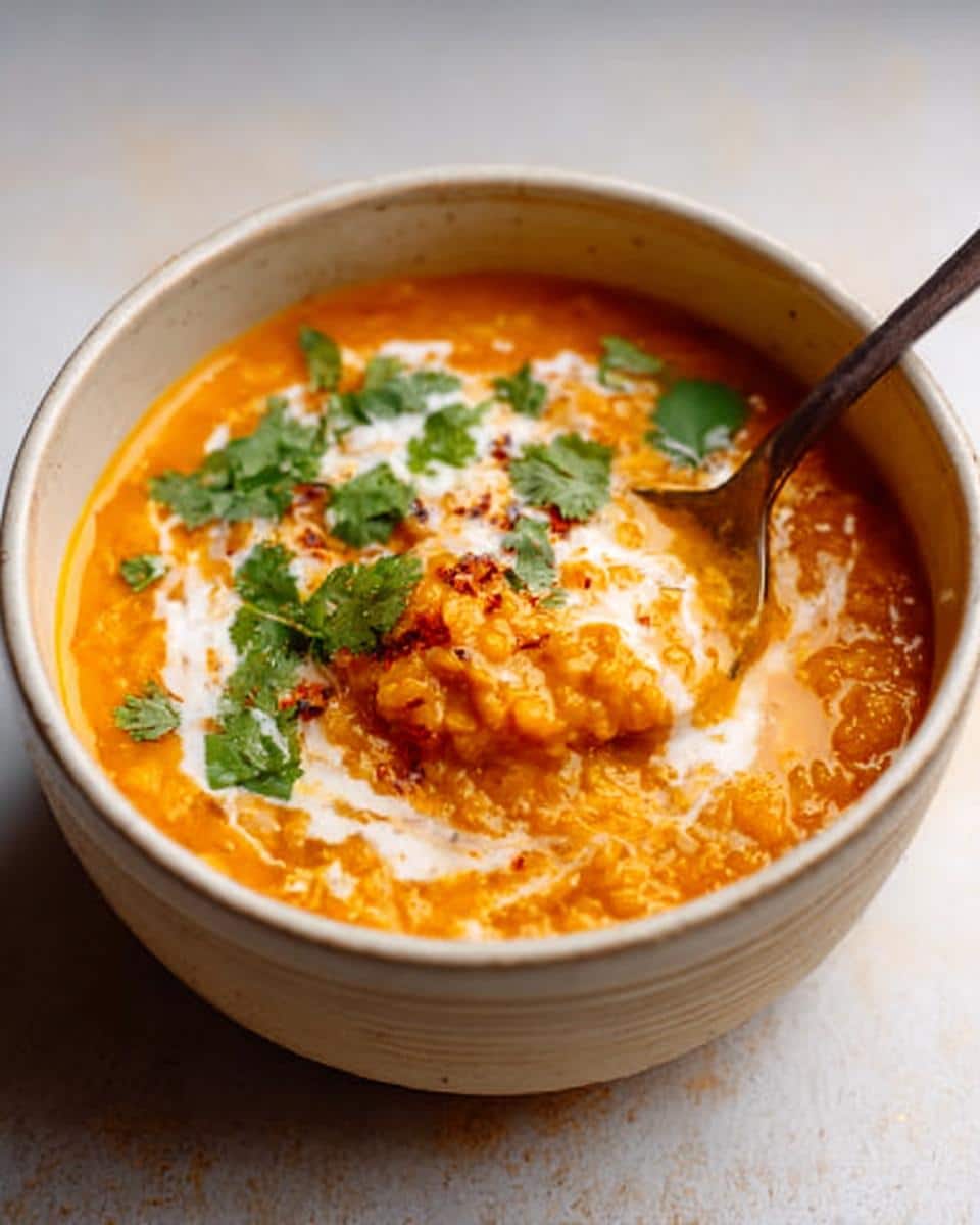 Close-up of a bowl of vibrant orange Red Lentil Coconut Curry Soup, swirled with coconut cream and topped with cilantro.