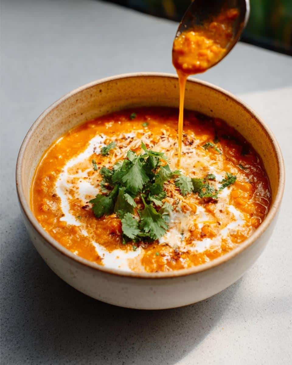 A spoonful of Red Lentil Coconut Curry Soup is being drizzled back into the bowl, topped with coconut cream and cilantro.
