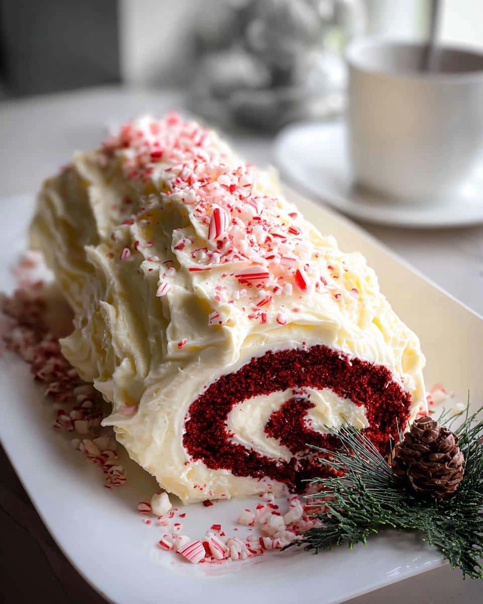 A slice of Red Velvet Christmas Log Cake showing the red swirl and white frosting, topped with crushed candy canes.