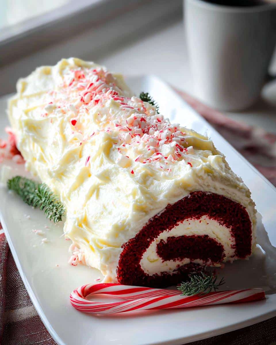 A cross-section view of a Red Velvet Christmas Log Cake covered in white frosting and crushed peppermint.