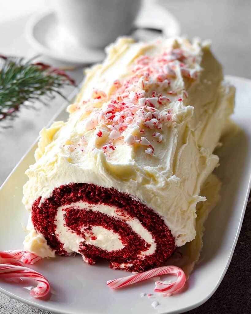 A close-up of a Red Velvet Christmas Log Cake, frosted in white cream cheese and topped with crushed candy canes.