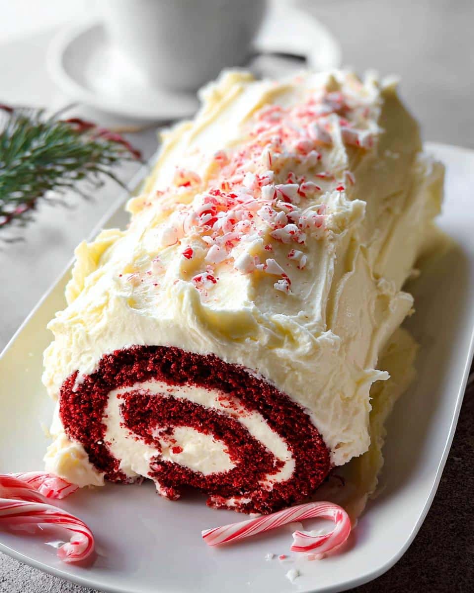A close-up of a Red Velvet Christmas Log Cake, frosted in white cream cheese and topped with crushed candy canes.