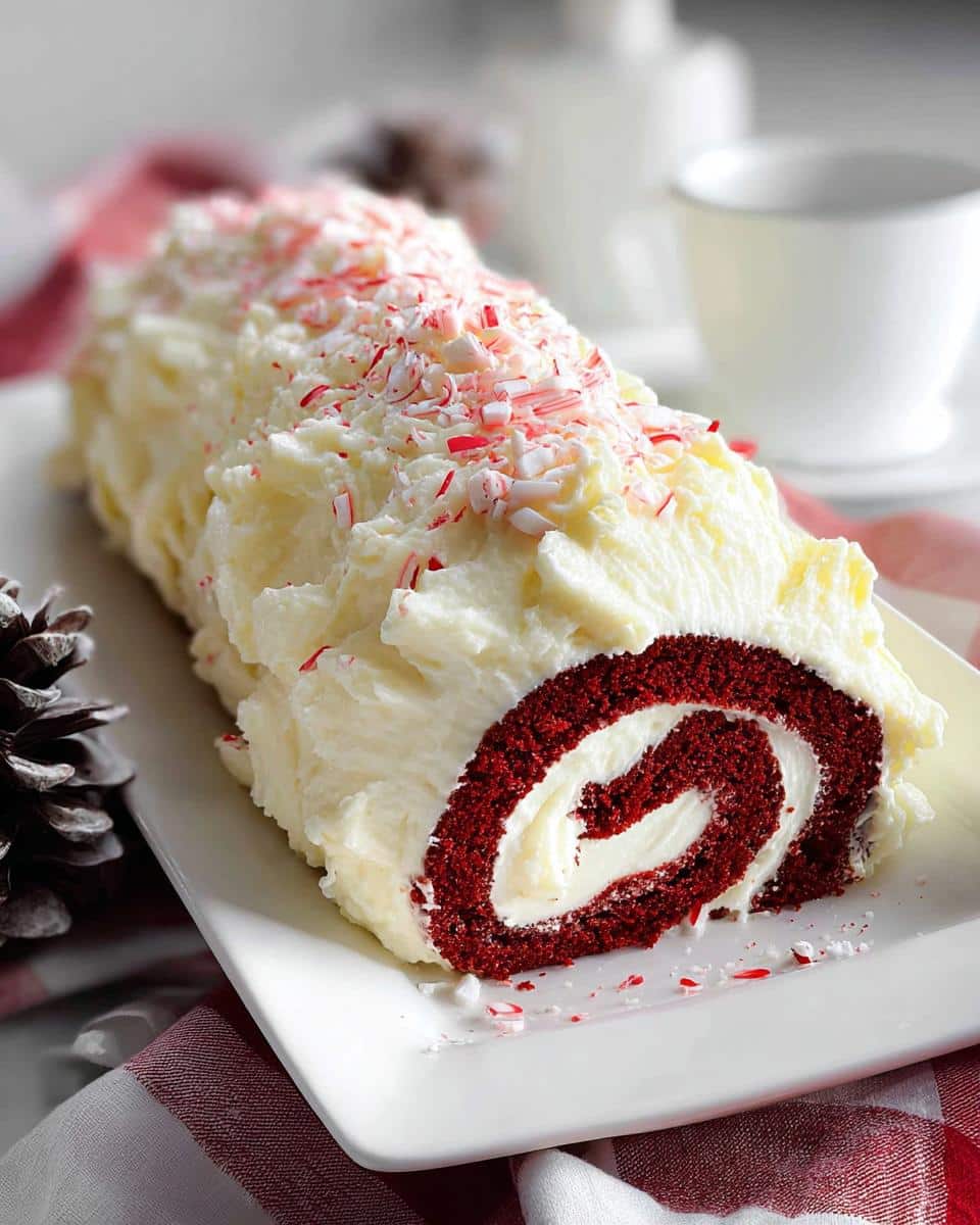 A slice of Red Velvet Christmas Log Cake rolled with white cream cheese frosting and topped with crushed peppermint candy.