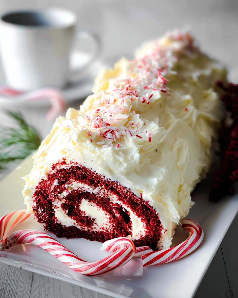 A slice of vibrant Red Velvet Christmas Log Cake with cream cheese swirl, topped with white frosting and crushed peppermint.