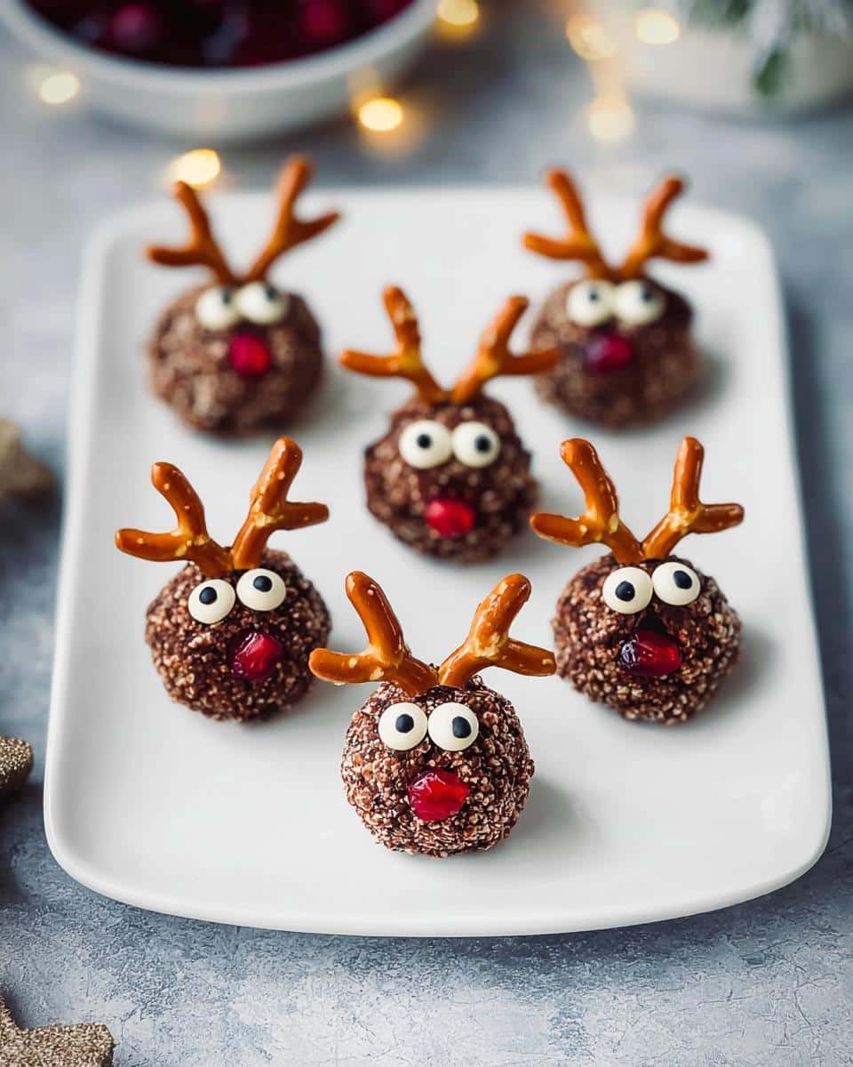 Five festive Reindeer Pretzel Bites decorated with pretzel antlers, candy eyes, and a red nose, displayed on a white platter.
