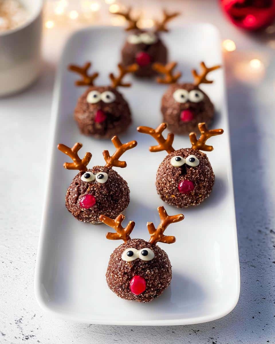 Five festive Reindeer Pretzel Bites decorated with pretzel antlers, candy eyes, and red noses, arranged on a white platter.