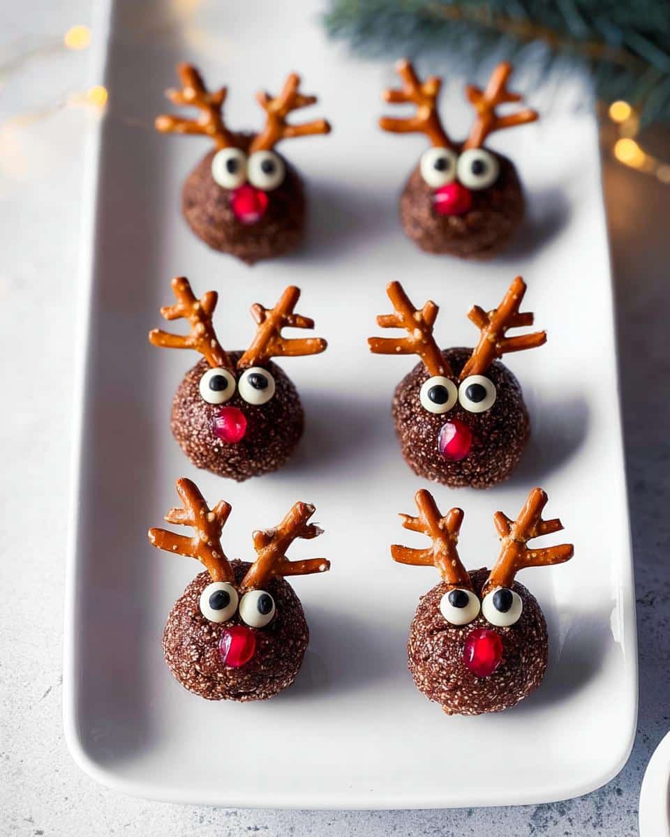 Six chocolate Reindeer Pretzel Bites decorated with pretzel antlers, candy eyes, and a red nose, arranged on a white platter.