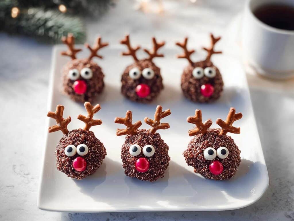 Six homemade Reindeer Pretzel Bites decorated with pretzel antlers, candy eyes, and red candy noses, displayed on a white platter.