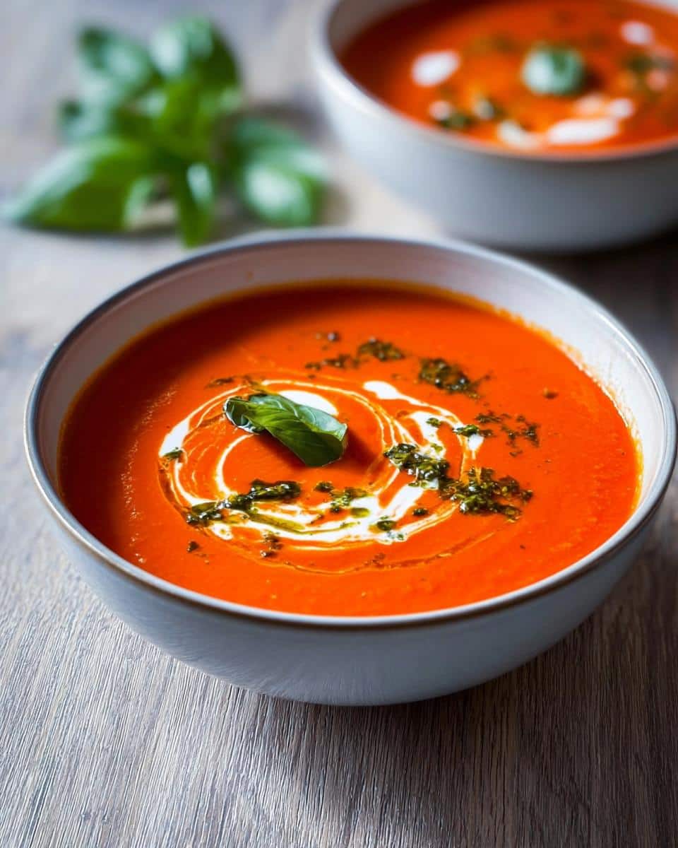 Close-up of a bowl of vibrant orange Roasted Red Pepper Soup, garnished with cream, pesto, and a fresh basil leaf.