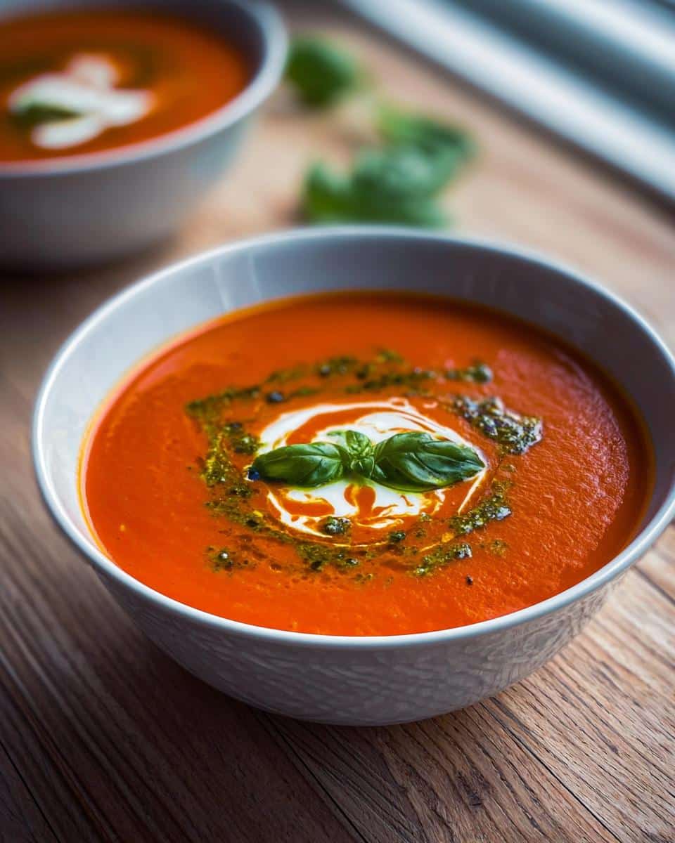 Close-up of a vibrant Roasted Red Pepper Soup garnished with cream swirl, pesto, and fresh basil.