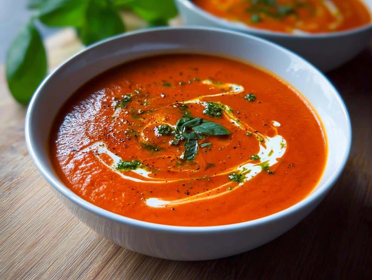 Close-up of a vibrant bowl of Roasted Red Pepper Soup, garnished with a swirl of cream, pesto, and fresh basil.