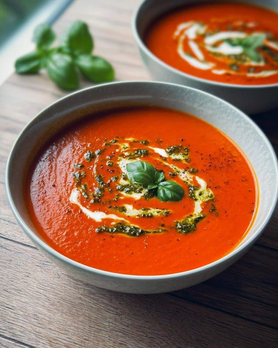 Close-up of a vibrant bowl of Roasted Red Pepper Soup, garnished with cream, pesto, and a fresh basil leaf.