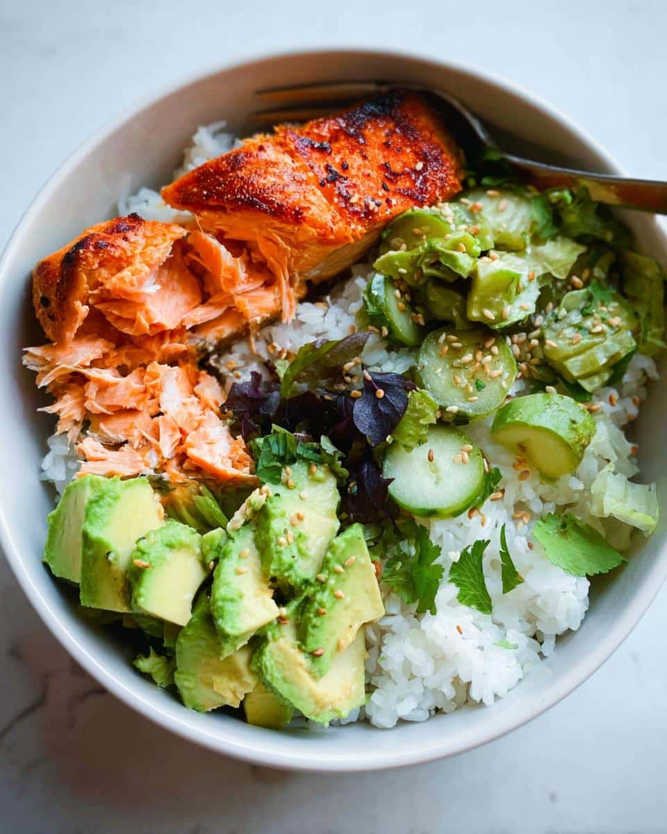 Overhead view of a Salmon Avocado Protein Bowl featuring flaky salmon, diced avocado, rice, and cucumber slices.
