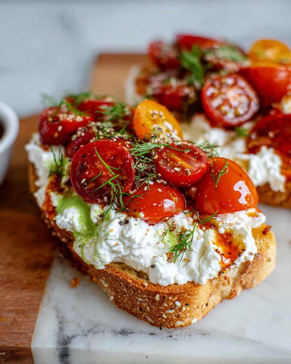 Close-up of Savory Cottage Cheese Toast topped with halved cherry tomatoes, dill, and seasonings.