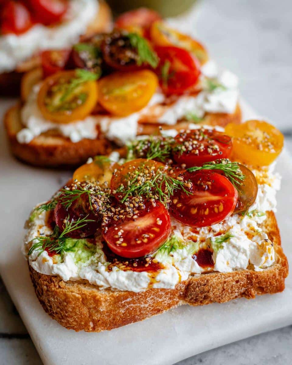 Close-up of Savory Cottage Cheese Toast with heirloom cherry tomatoes, herbs, and seeds.