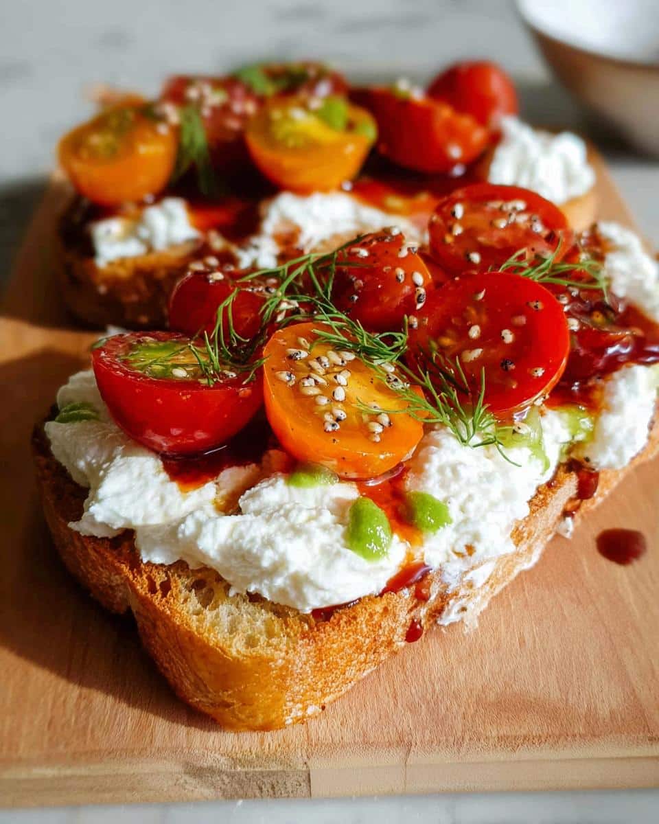 Close-up of Savory Cottage Cheese Toast topped with halved cherry tomatoes, herbs, and sesame seeds.