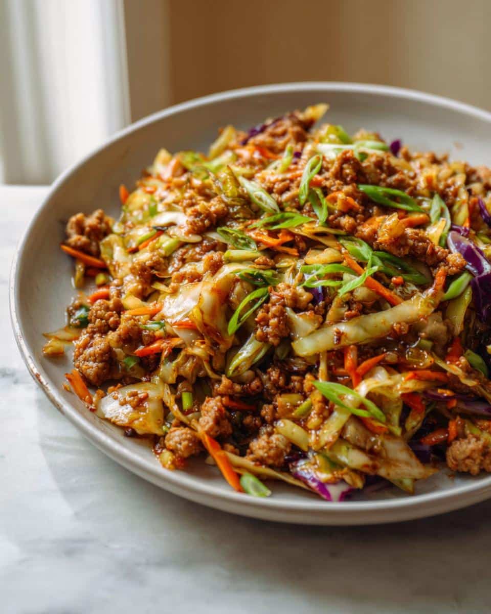 Close-up of a bowl filled with savory Egg Roll in a Bowl featuring ground meat, shredded cabbage, carrots, and green onions.