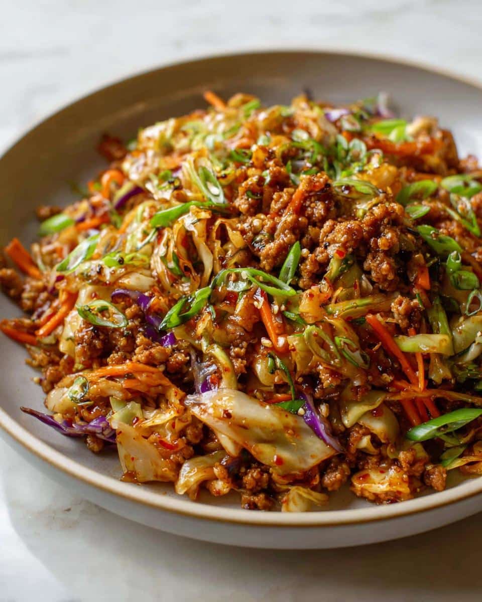 Close-up of a hearty serving of Egg Roll in a Bowl featuring ground meat, shredded cabbage, carrots, and green onions.