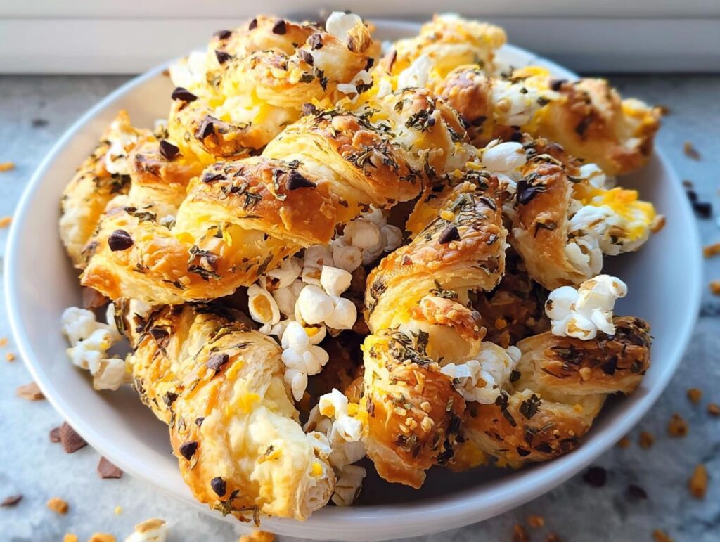 A white bowl filled with savory pastry twists mixed with popped corn for a delicious Popcorn Snack Mix.