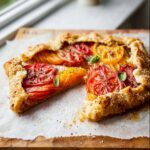 A slice cut from a rustic Savory Tomato Galette featuring colorful heirloom tomato slices and flaky crust.