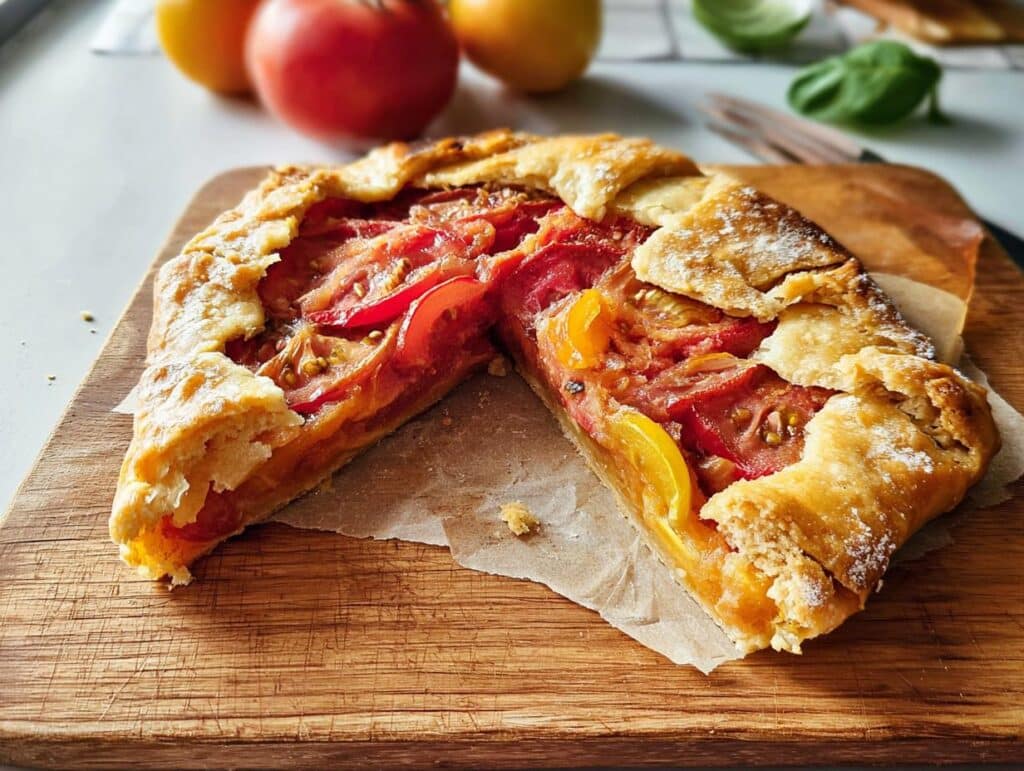 A rustic Savory Tomato Galette, sliced in half, showing flaky crust and colorful heirloom tomato filling on a wooden board.