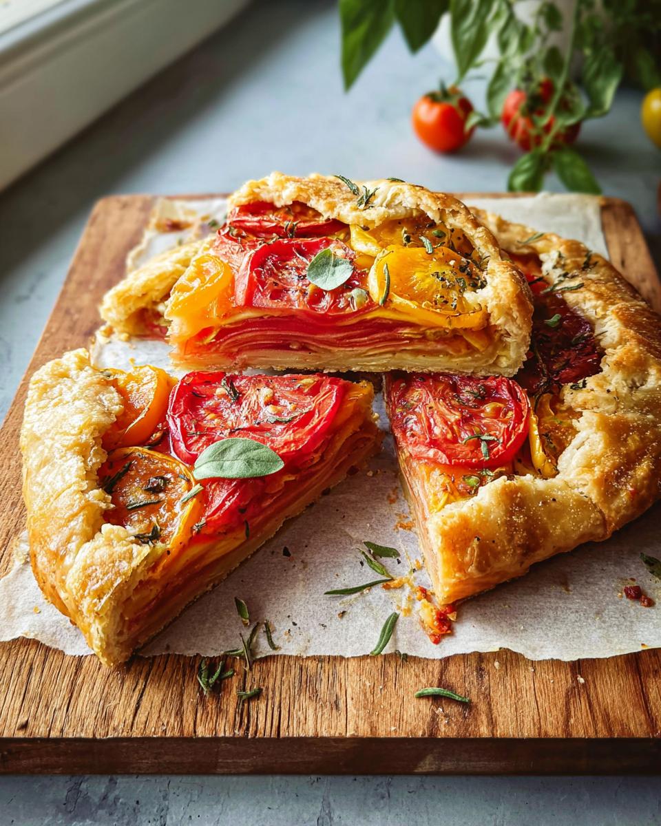 Three slices of a rustic Savory Tomato Galette showing layered, colorful tomatoes and flaky pastry, garnished with herbs.