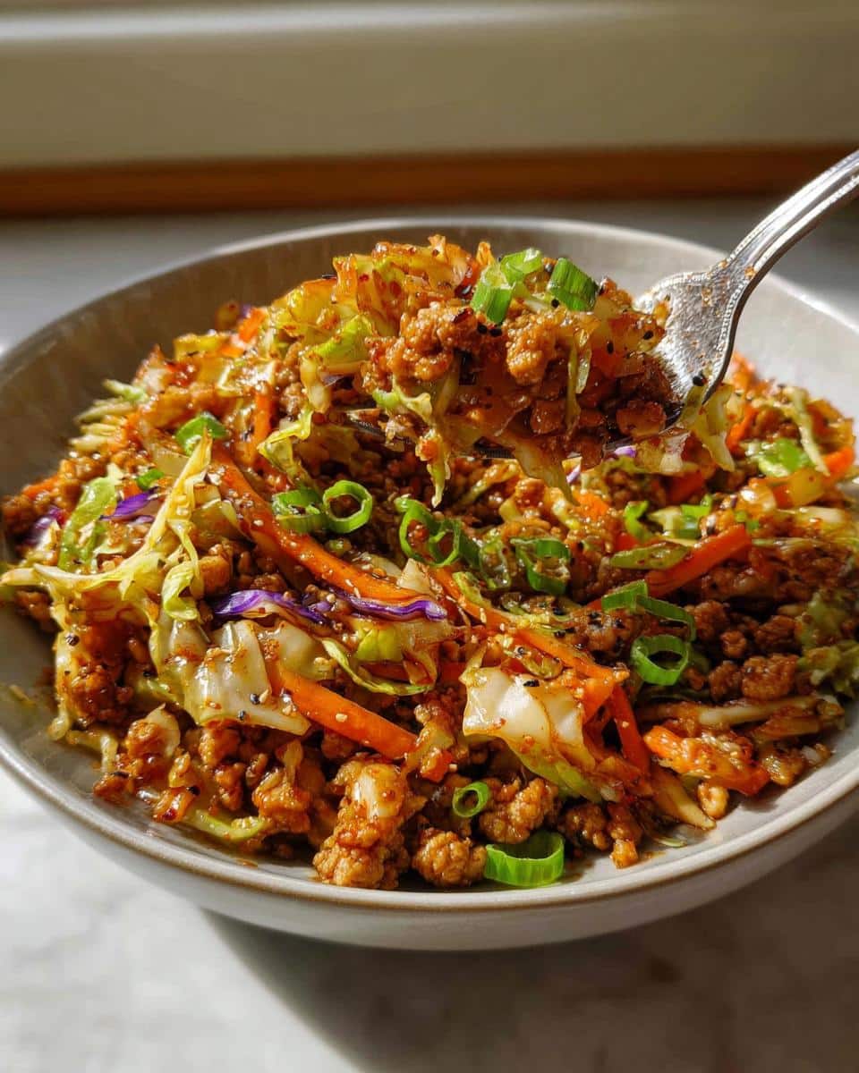 A fork lifting a bite of savory Egg Roll in a Bowl mixture, showing ground meat, cabbage, and carrots.