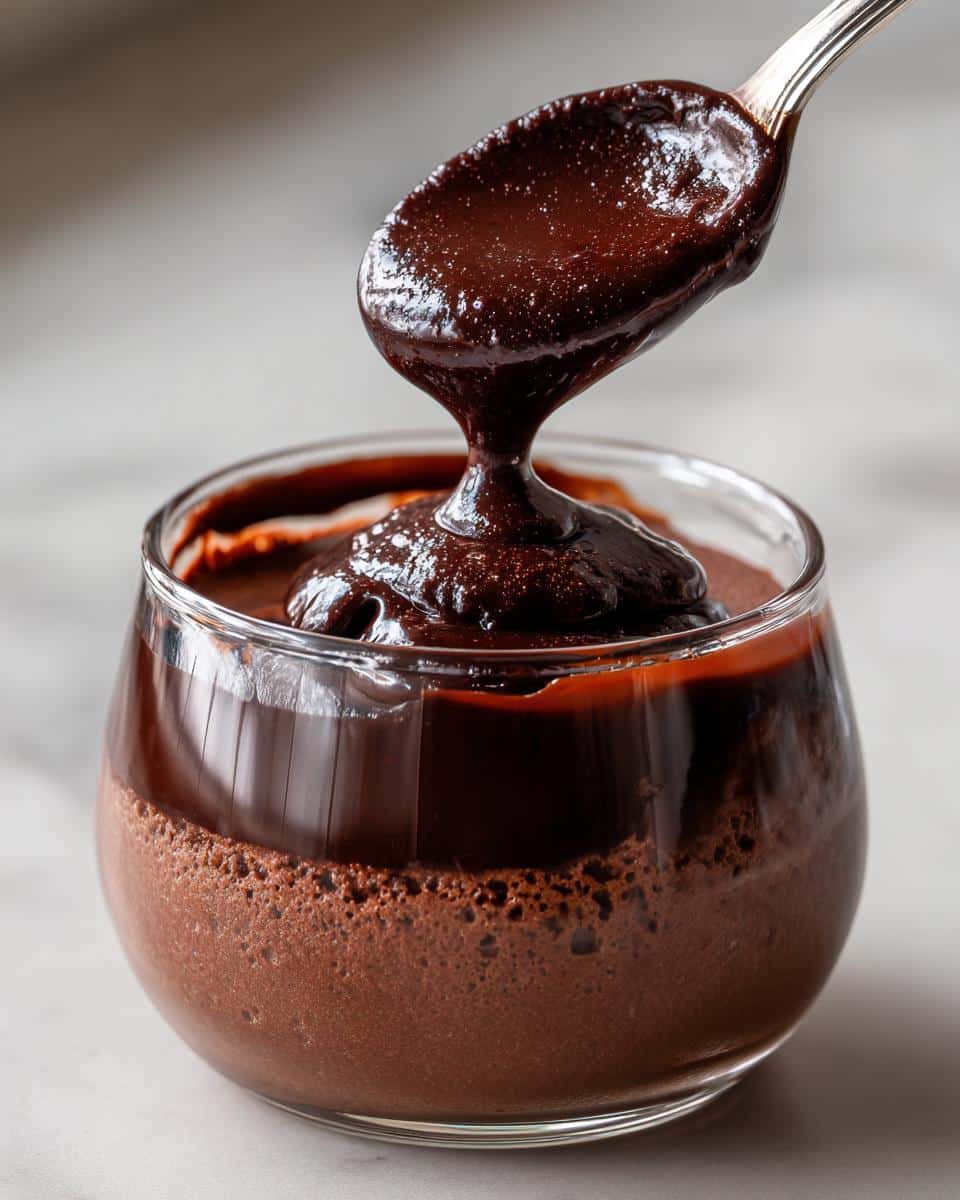 A spoonful of rich, dark chocolate sauce is being poured over a glass of airy Thermomix Chocolate Pots de Crème.