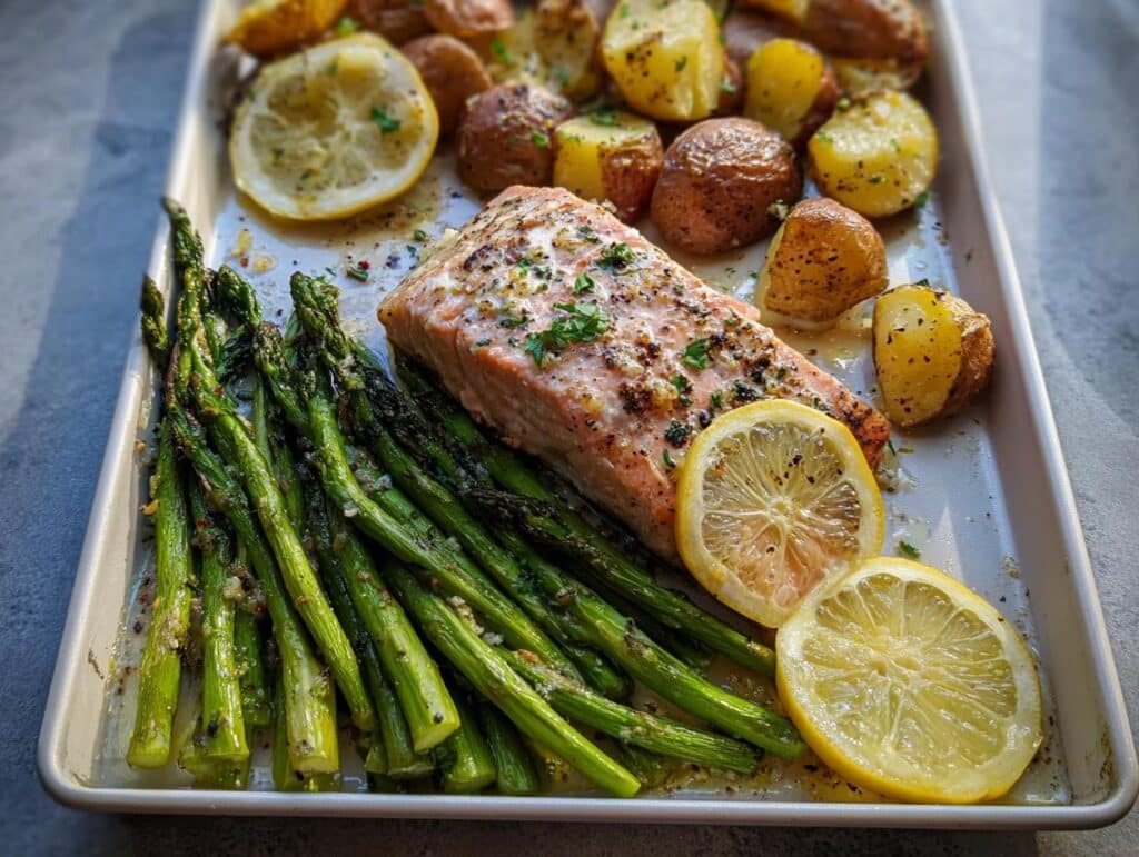 A cooked fillet of Lemon Garlic Salmon with roasted asparagus and small potatoes on a sheet pan.