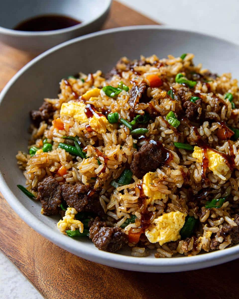 Close-up of a bowl filled with Simple Beef & Veggie Fried Rice, featuring beef chunks, scrambled egg, and green onions.