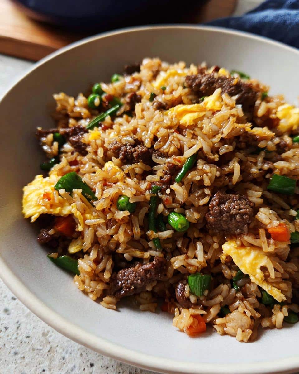 Close-up of a bowl filled with Simple Beef & Veggie Fried Rice, featuring rice, beef pieces, scrambled egg, peas, and carrots.
