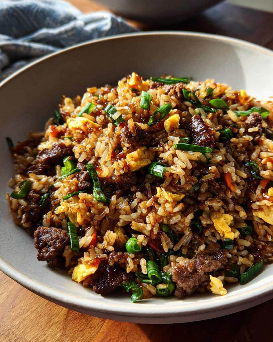 A close-up of a bowl filled with Simple Beef & Veggie Fried Rice, featuring rice, beef chunks, scrambled egg, and green onions.