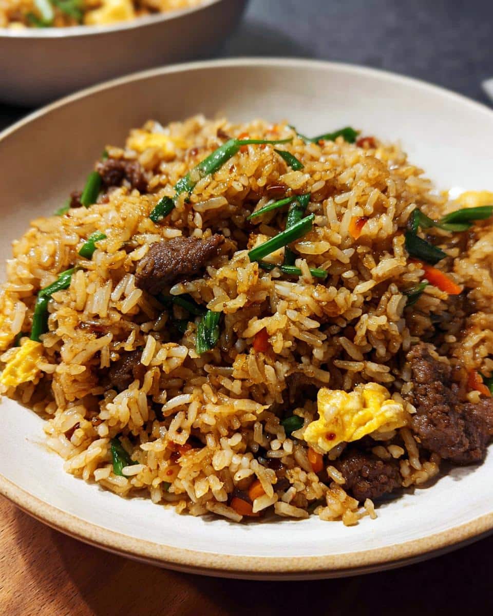 Close-up of a bowl filled with Simple Beef & Veggie Fried Rice, showing rice, beef chunks, egg, and green onions.